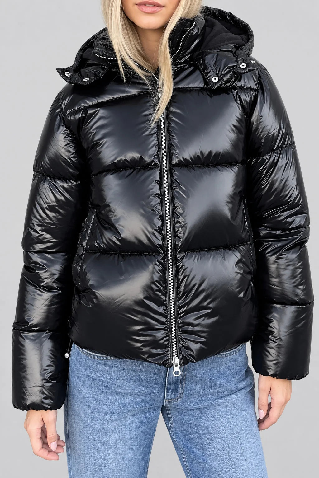 Hooded Down Jacket Lightweight Glossy Adjustable Hood