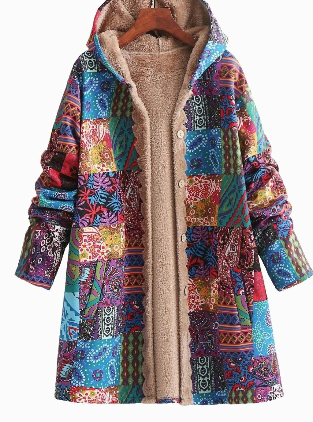 Hooded Jacket Fleece-Lined Boho Patchwork Button-Front Pockets