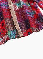 Hooded Jacket Fleece-Lined Boho Patchwork Button-Front Pockets