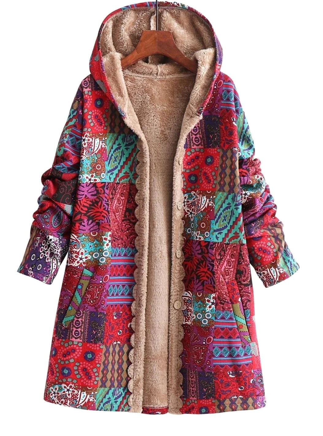 Hooded Jacket Fleece-Lined Boho Patchwork Button-Front Pockets
