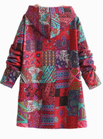Hooded Jacket Fleece-Lined Boho Patchwork Button-Front Pockets