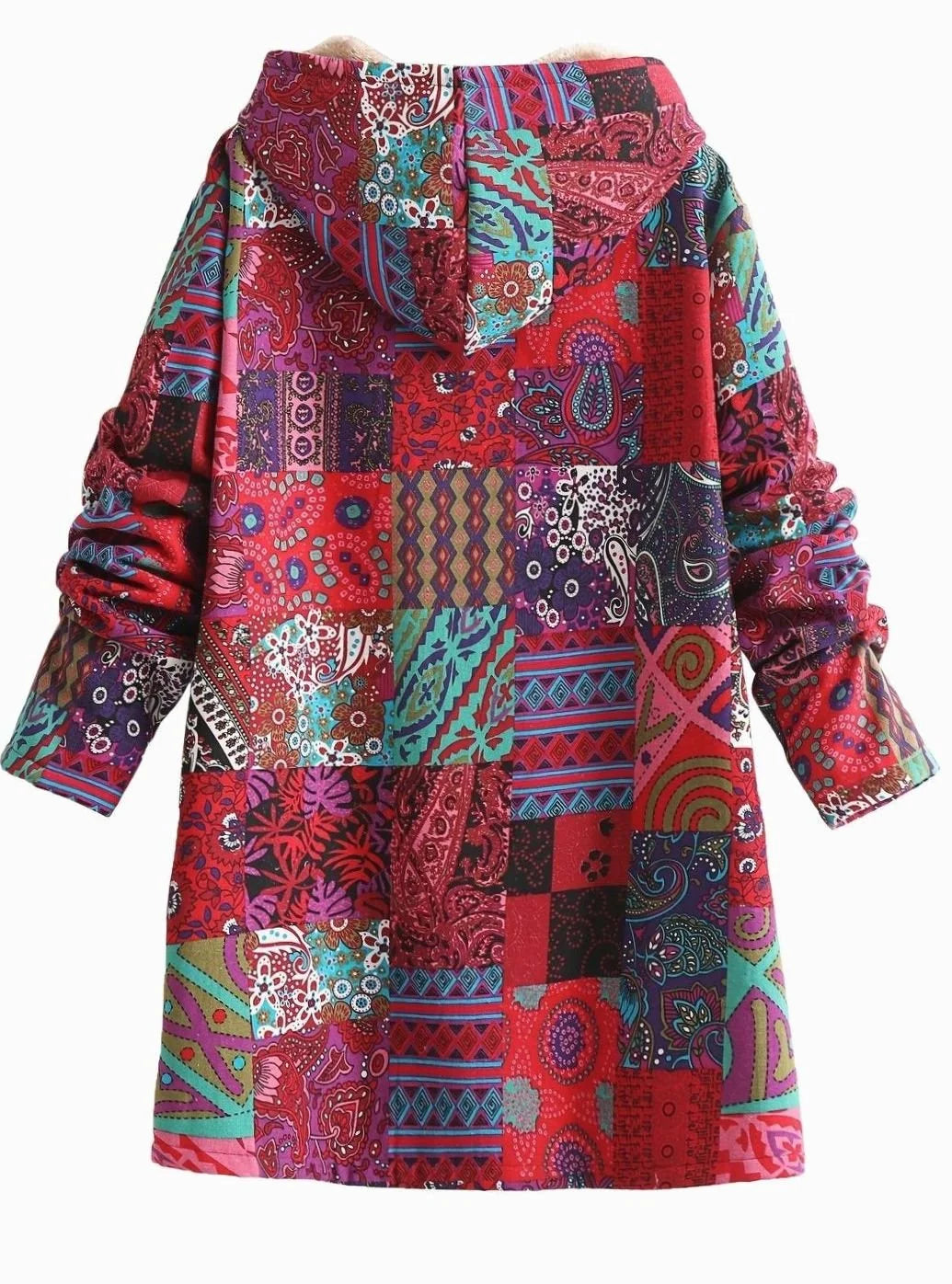Hooded Jacket Fleece-Lined Boho Patchwork Button-Front Pockets
