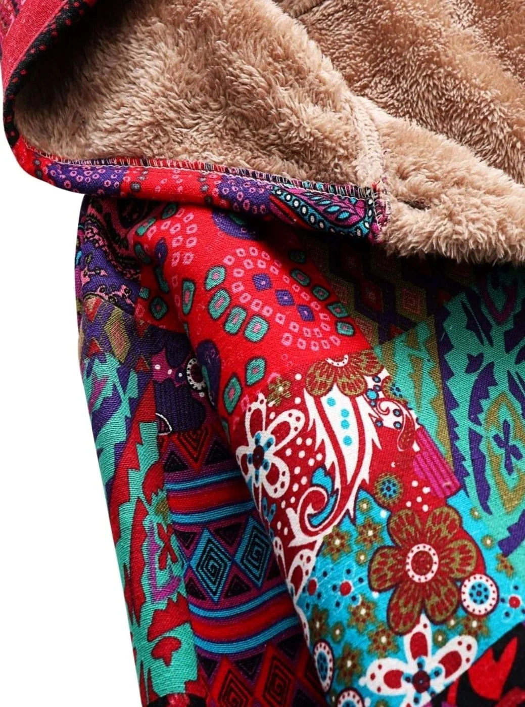 Hooded Jacket Fleece-Lined Boho Patchwork Button-Front Pockets