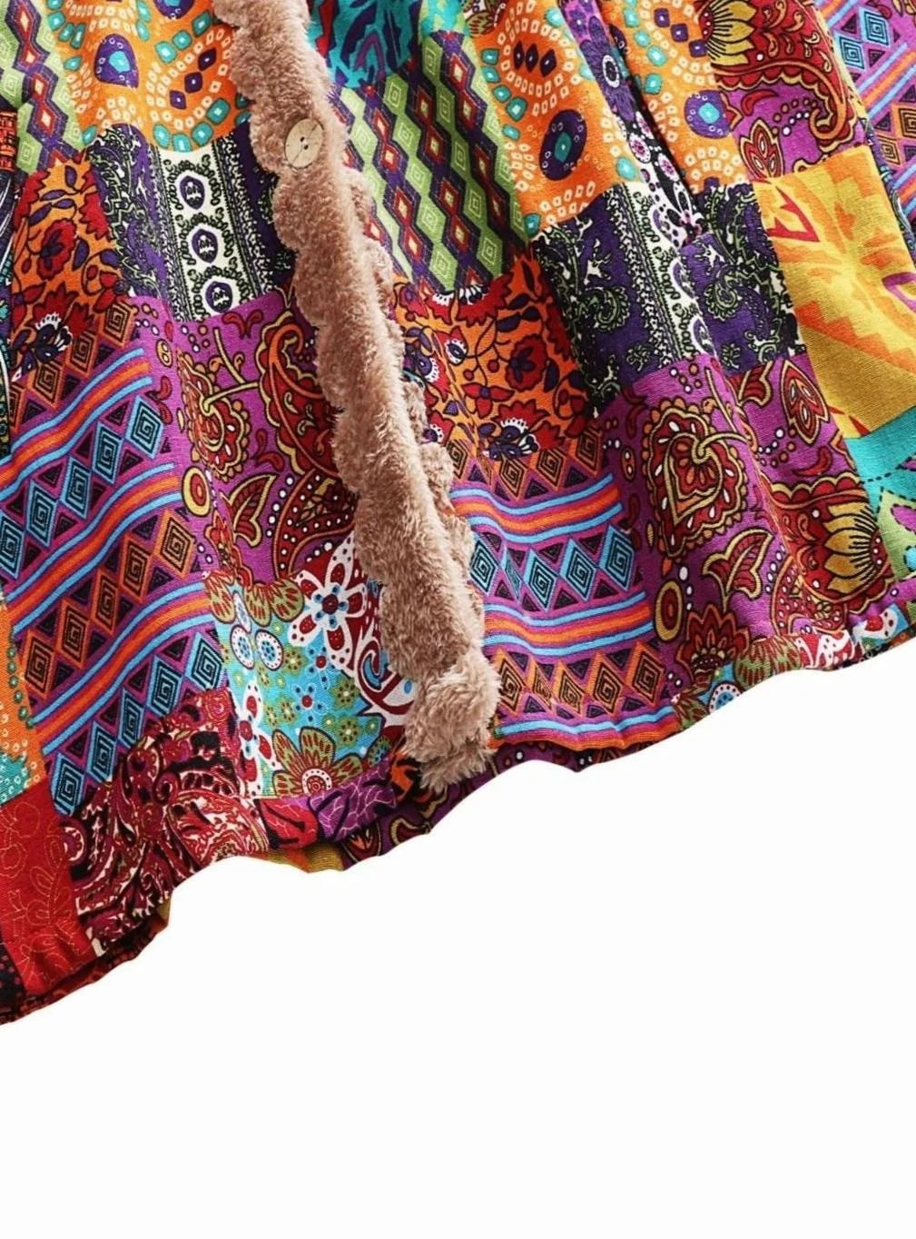 Hooded Jacket Fleece-Lined Boho Patchwork Button-Front Pockets