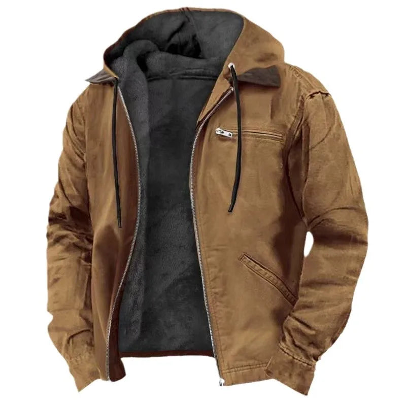 Hooded Jacket Fleece-Lined Zippered Pockets Drawstring Hood