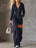 Hooded Jumpsuit Full-Zip Wide-Leg Contrast Stripe
