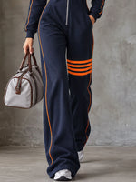Hooded Jumpsuit Full-Zip Wide-Leg Contrast Stripe