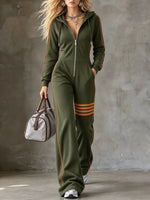Hooded Jumpsuit Full-Zip Wide-Leg Contrast Stripe