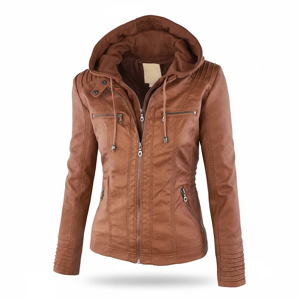 Hooded Leather Jacket Insulated Zip-Front Closure