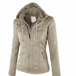 Hooded Leather Jacket Insulated Zip-Front Closure