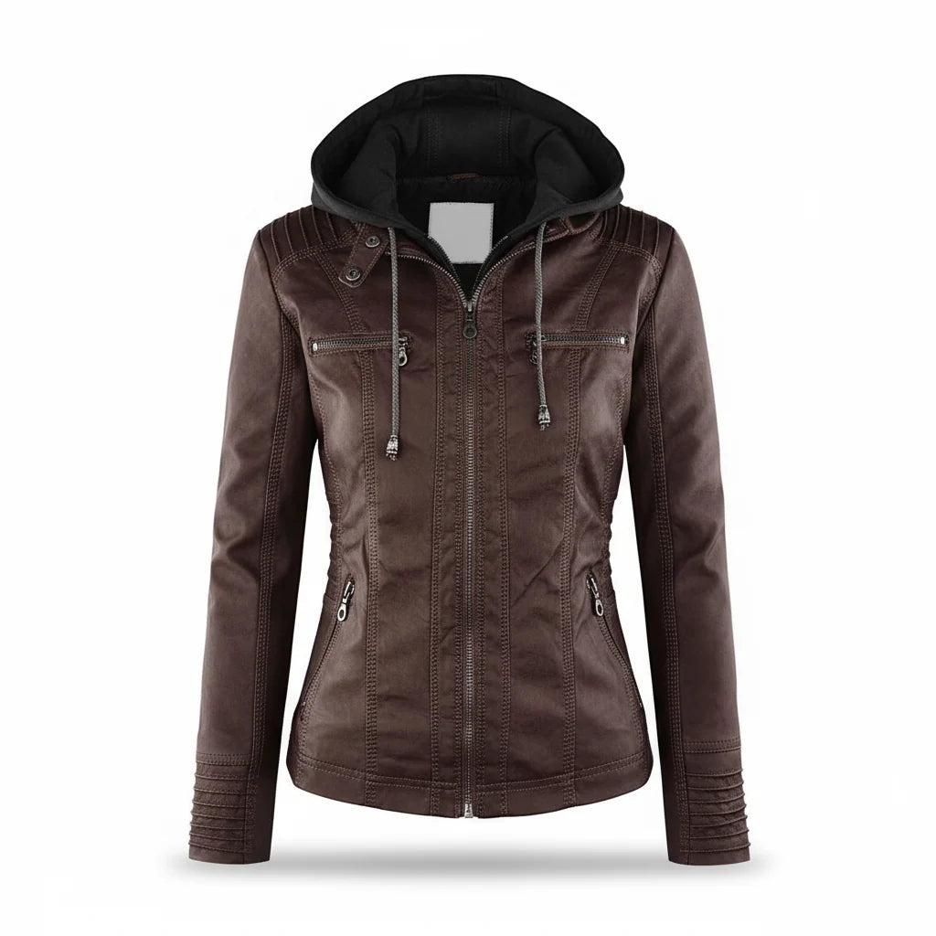 Hooded Leather Jacket Insulated Zip-Front Closure