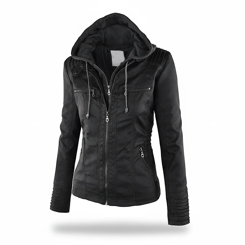 Hooded Leather Jacket Insulated Zip-Front Closure
