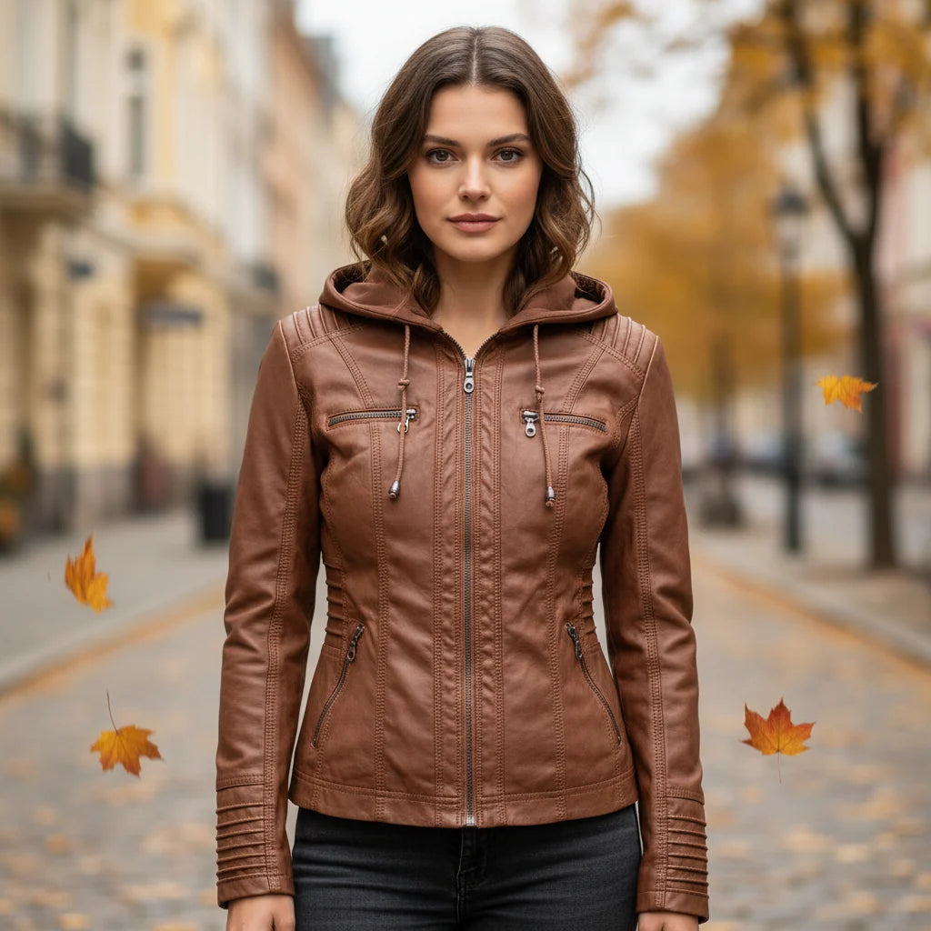 Hooded Leather Jacket Insulated Zip-Front Closure