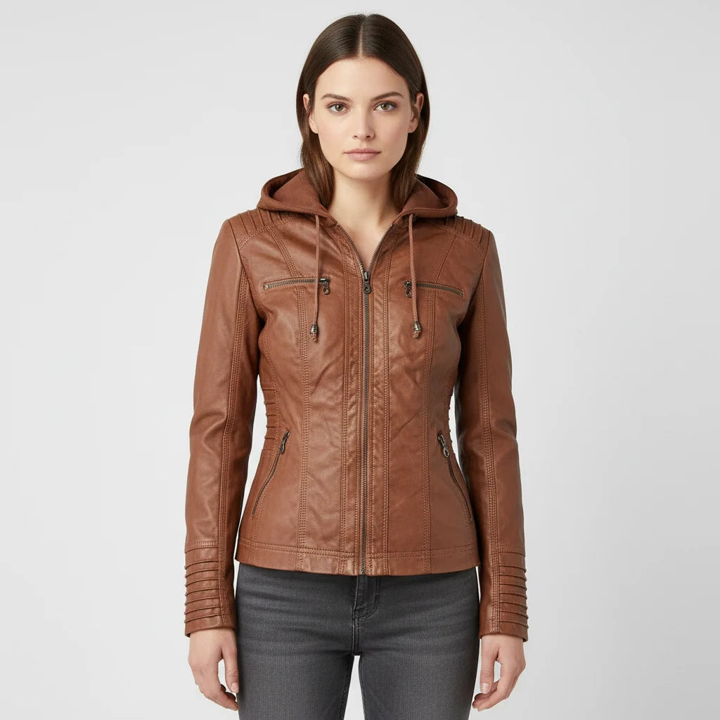 Hooded Leather Jacket Insulated Zip-Front Closure