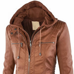 Hooded Leather Jacket Insulated Zip-Front Closure