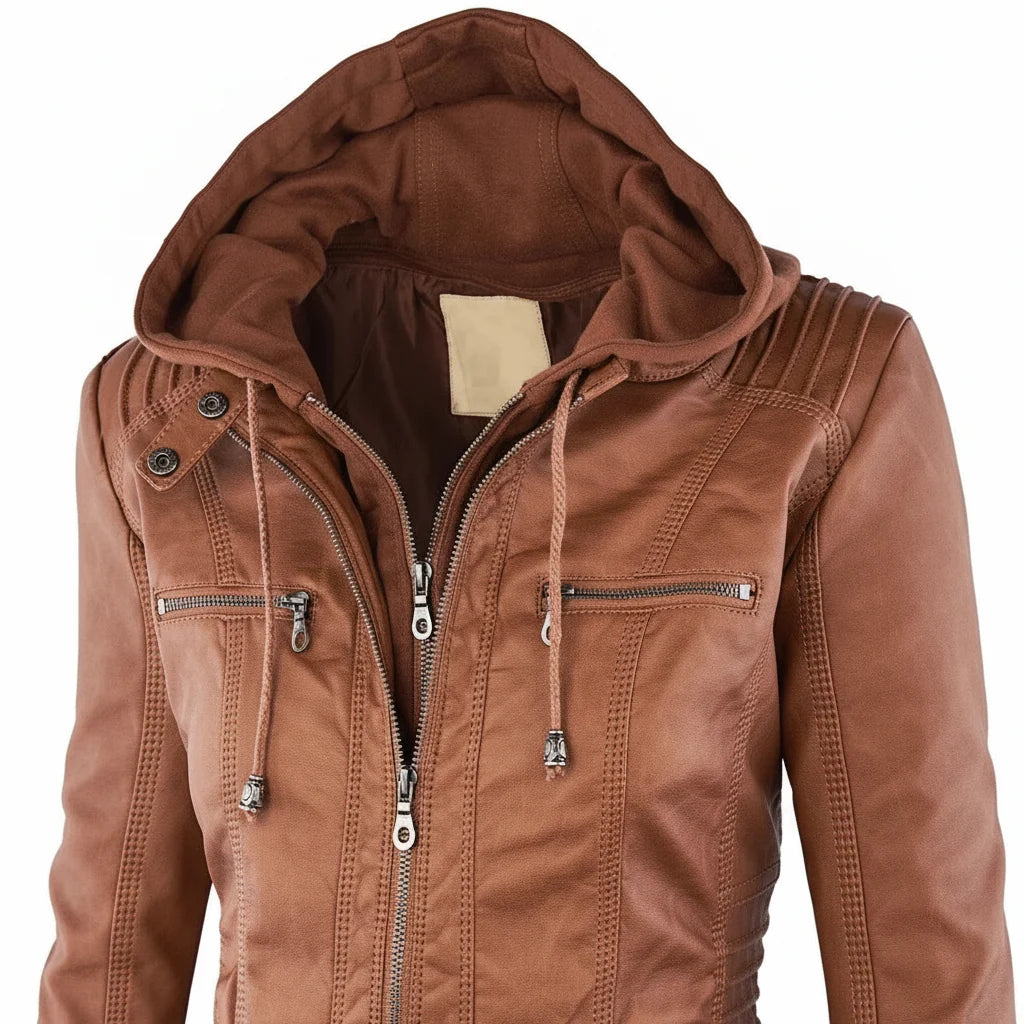 Hooded Leather Jacket Insulated Zip-Front Closure