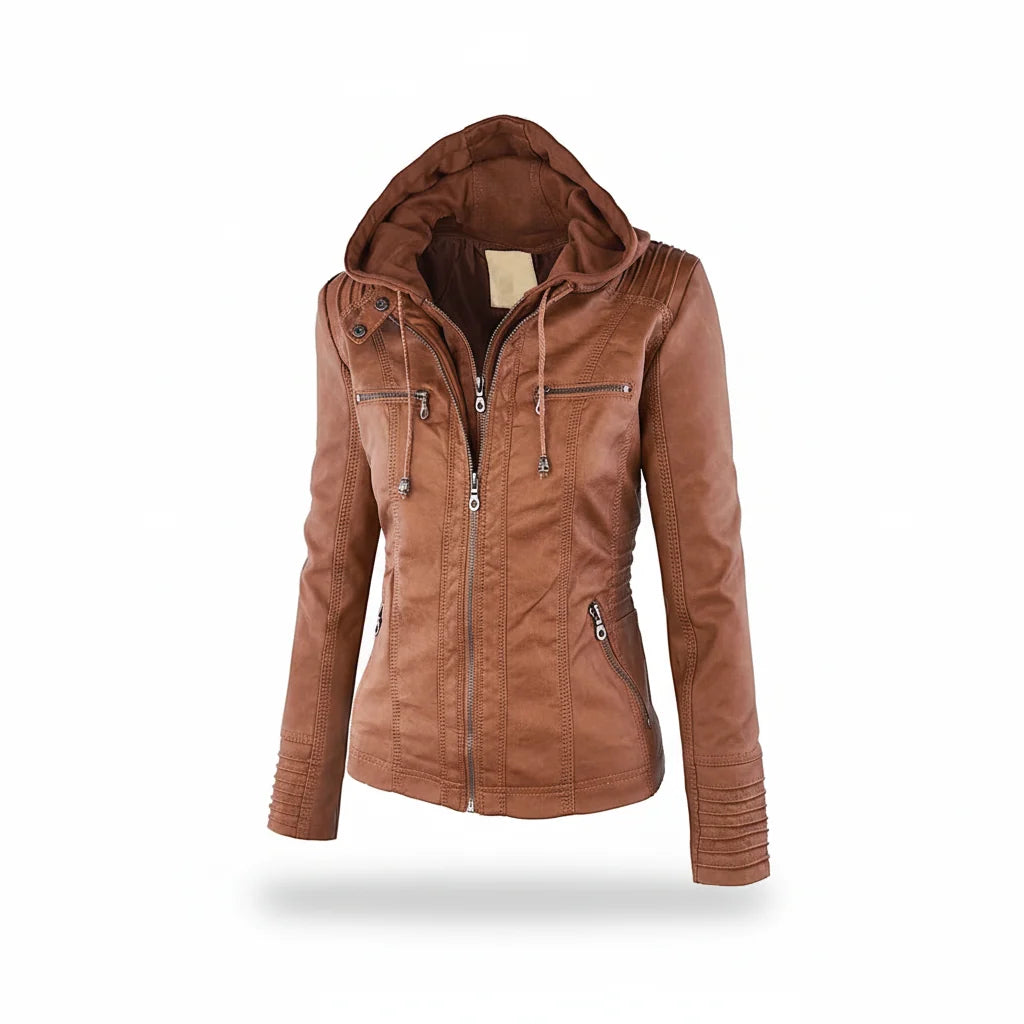 Hooded Leather Jacket Insulated Zip-Front Closure