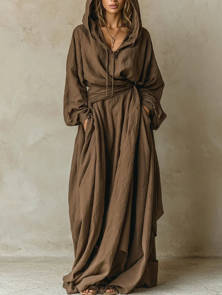 Hooded Maxi Dress Cotton-Linen Blend Stretch Full-Length