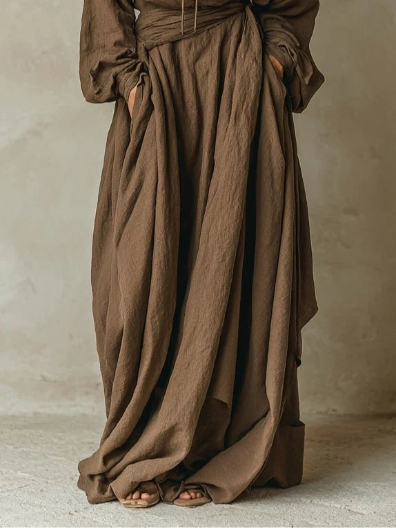 Hooded Maxi Dress Cotton-Linen Blend Stretch Full-Length
