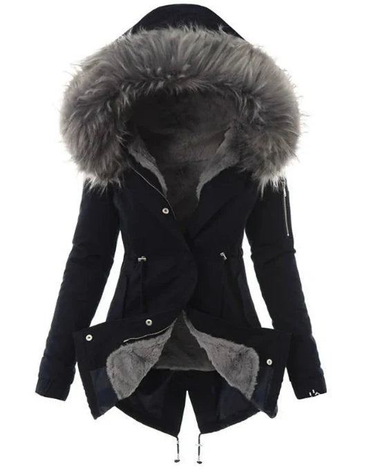 Hooded Parka Faux Fur Lined Wind-Resistant Adjustable Waist