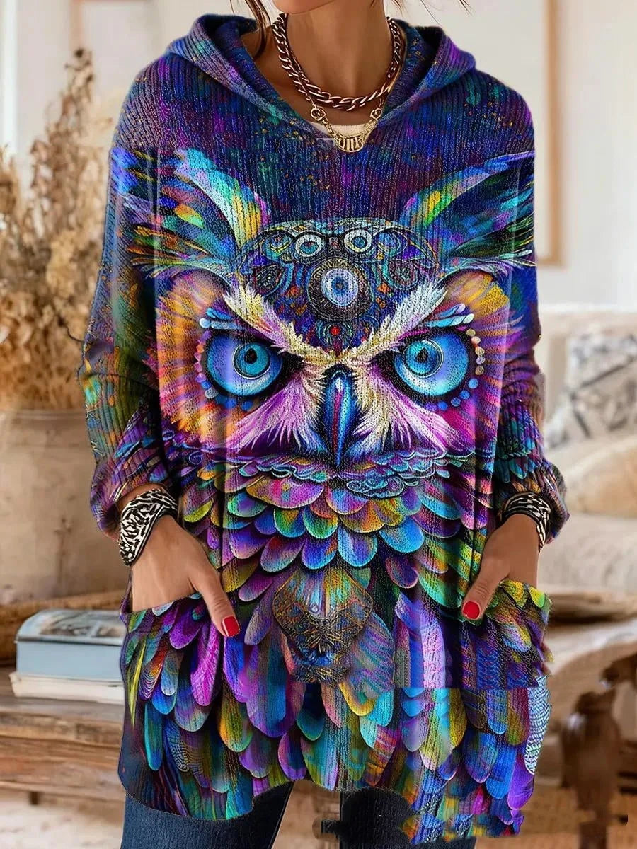 Hooded Tunic Bohemian Print Long Sleeve Relaxed Fit