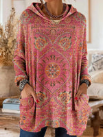 Hooded Tunic Bohemian Print Long Sleeve Relaxed Fit