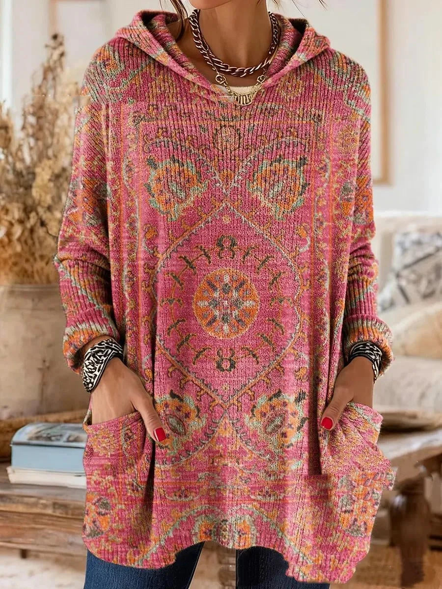 Hooded Tunic Bohemian Print Long Sleeve Relaxed Fit