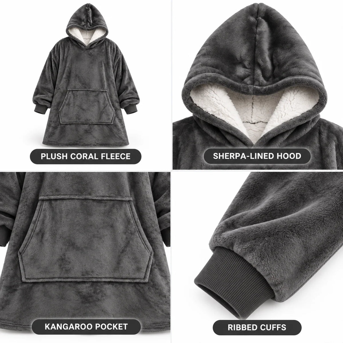 Hoodie Blanket Oversized Sherpa Fleece Hood & Pocket