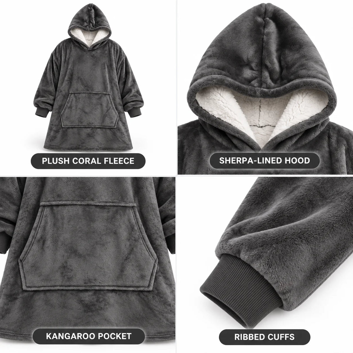 Hoodie Blanket Sherpa Fleece Oversized Fit Hood & Front Pocket
