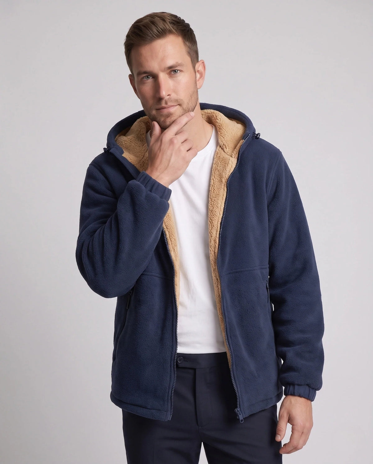 Hoodie Jacket Windproof Teddy Fleece Lined Zip Pockets
