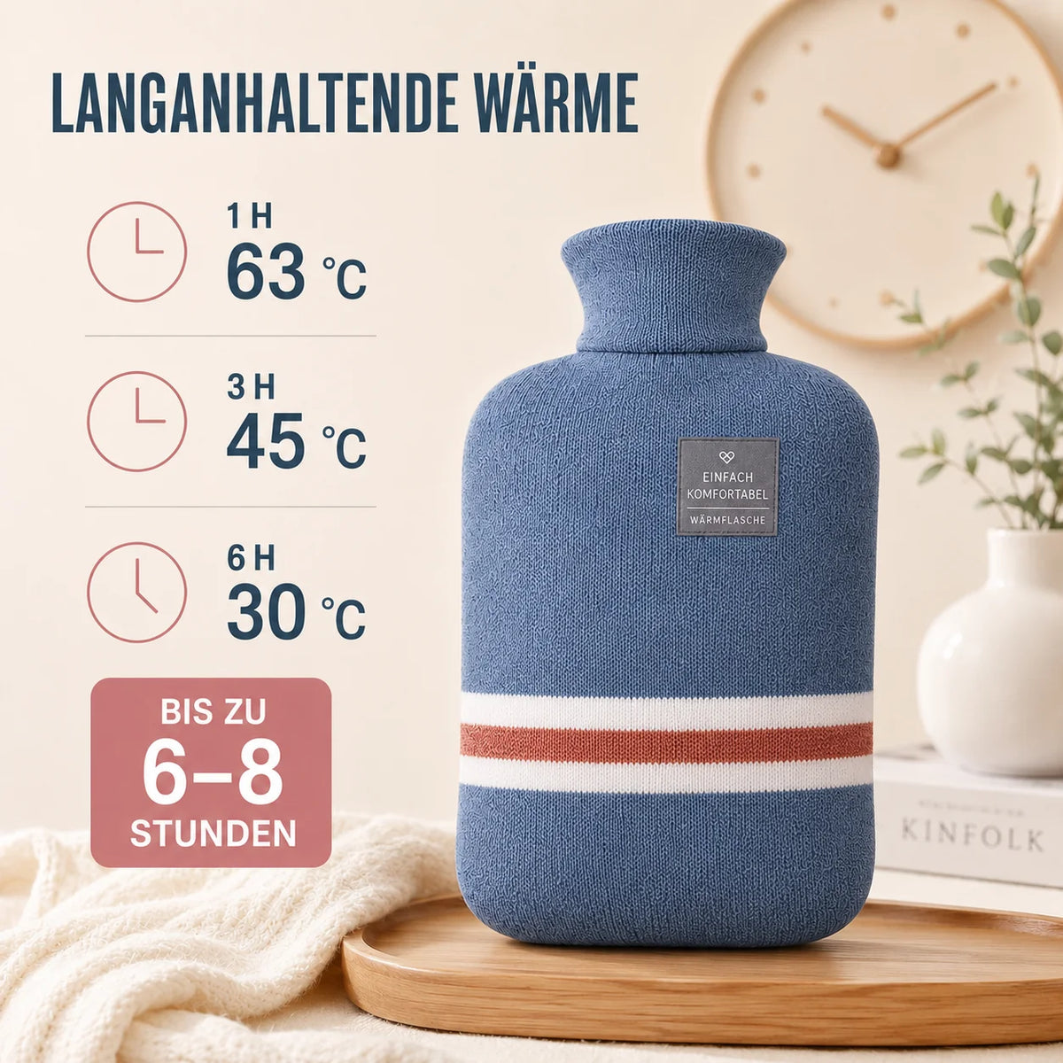Hot Water Bottle Knitted Cover 33.8-Ounce Capacity Up to 8-Hour Warmth