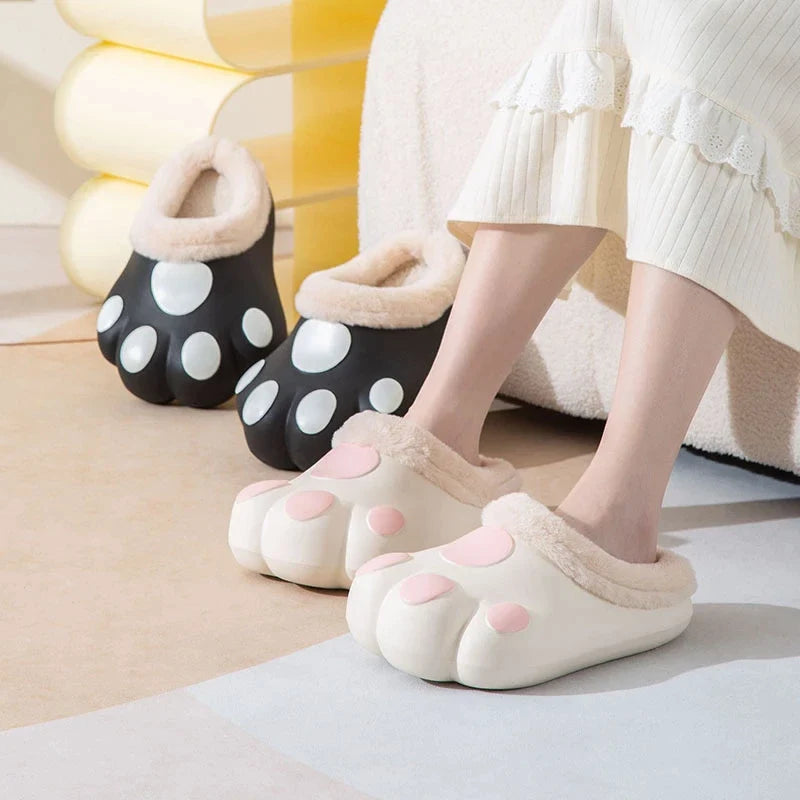 House Slippers Plush Cat Paw Design Fleece Lined Non-Slip Sole