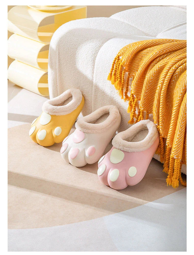 House Slippers Plush Cat Paw Design Fleece Lined Non-Slip Sole