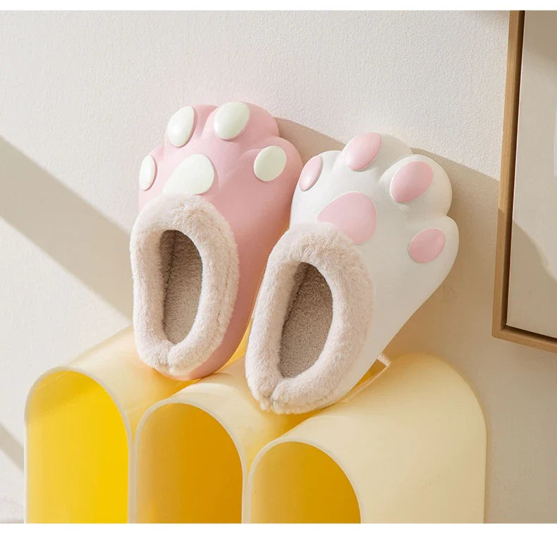 House Slippers Plush Cat Paw Design Fleece Lined Non-Slip Sole