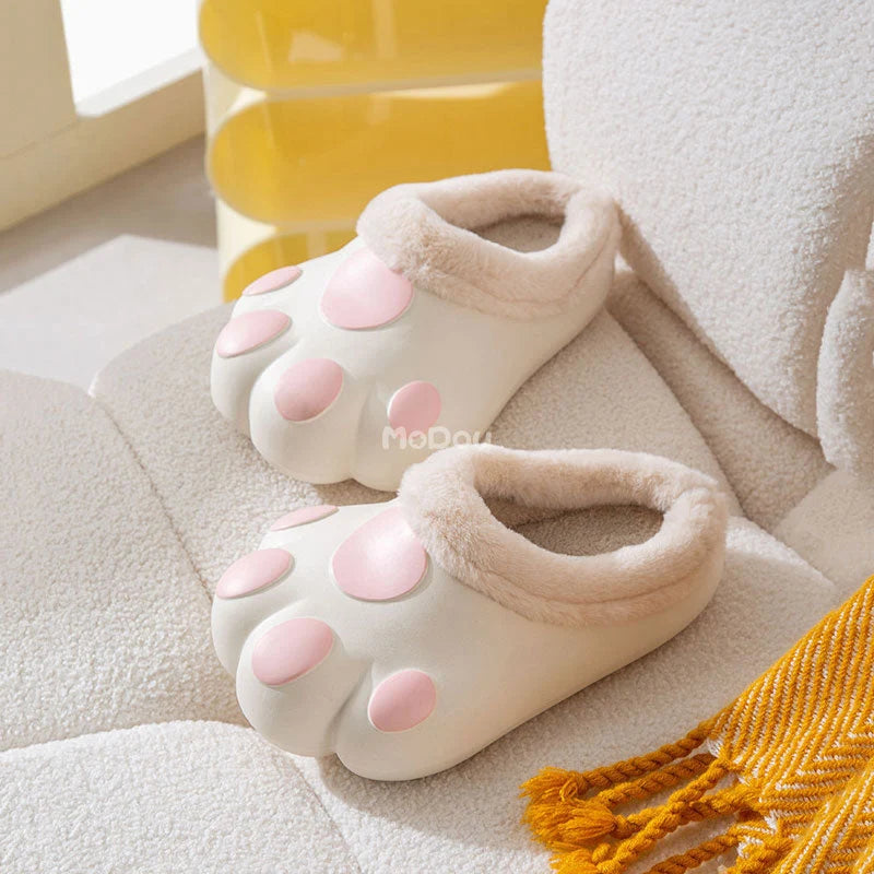 House Slippers Plush Cat Paw Design Fleece Lined Non-Slip Sole