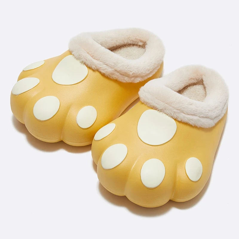 House Slippers Plush Cat Paw Design Fleece Lined Non-Slip Sole