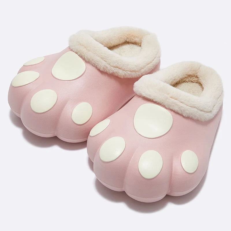 House Slippers Plush Cat Paw Design Fleece Lined Non-Slip Sole