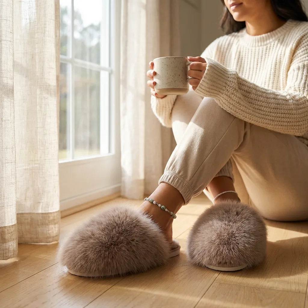 House Slippers Plush Faux Fur Cushioned Non-Slip Sole