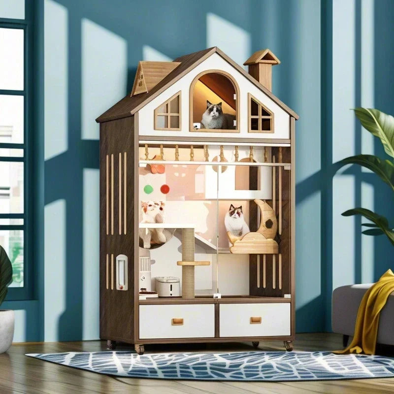 Indoor Cat House Multi-Level Solid Wood 160cm Tall