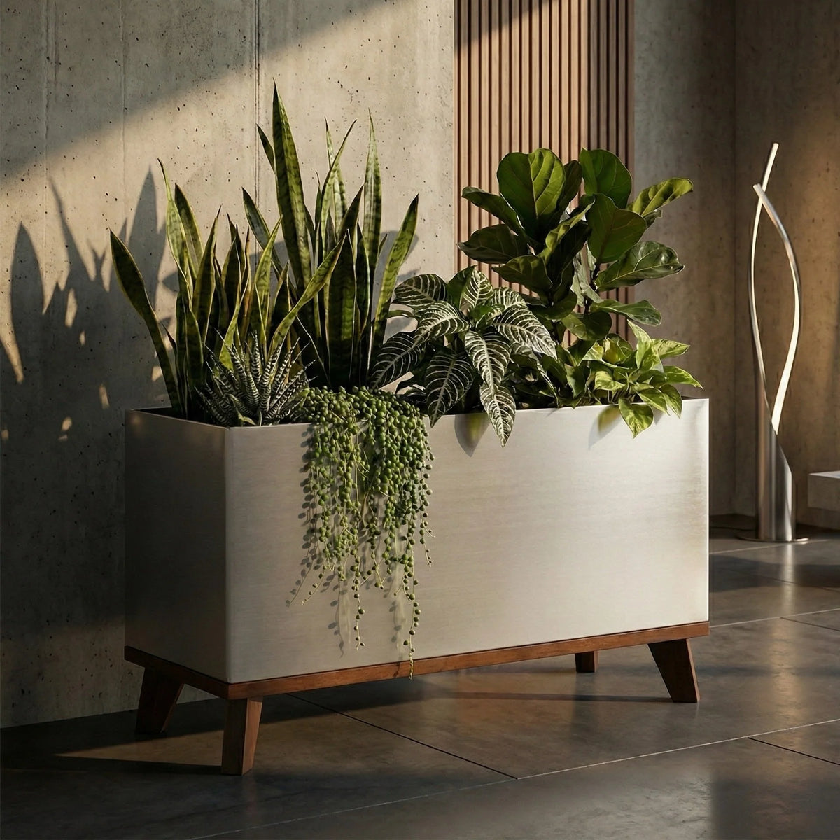 Indoor Planter Aluminum Waterproof Lining Hardwood Base 30 Inch Long