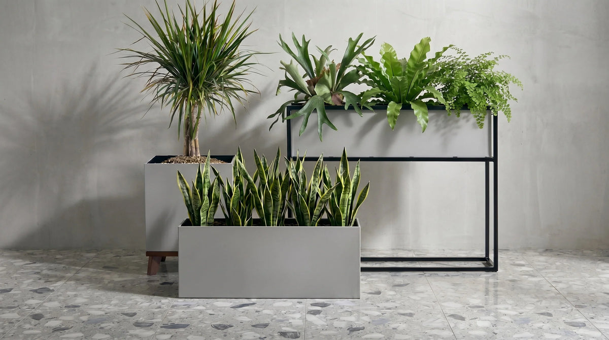 Indoor Planter Aluminum Waterproof Lining Hardwood Base 30 Inch Long