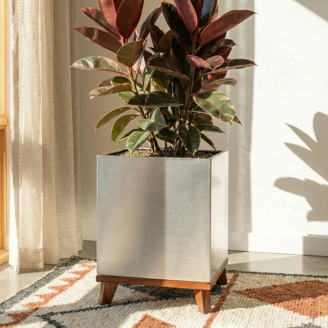 Indoor Planter Brushed Aluminum Waterproof Lining Hardwood Stand