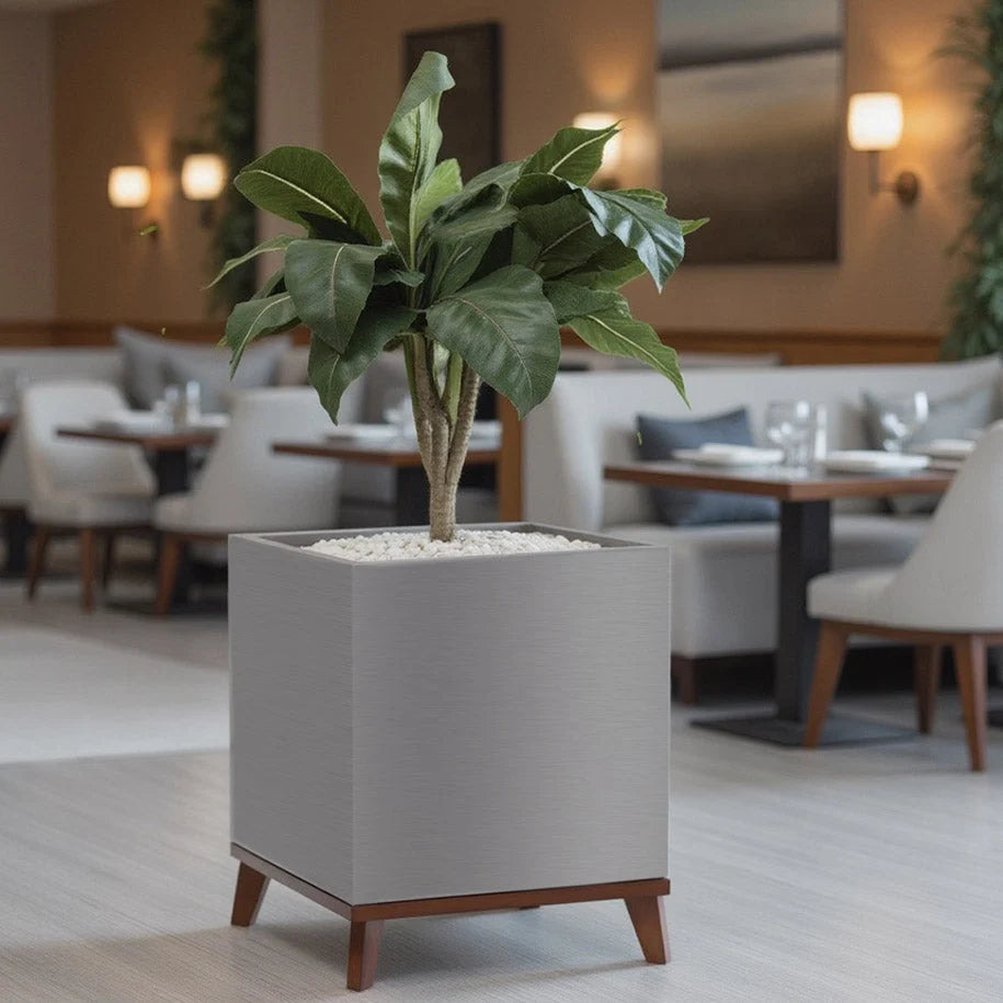 Indoor Planter Brushed Aluminum Waterproof Lining Hardwood Stand