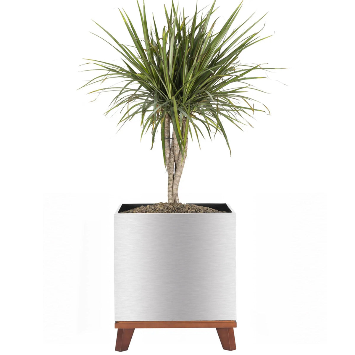 Indoor Planter Brushed Aluminum Waterproof Lining Hardwood Stand