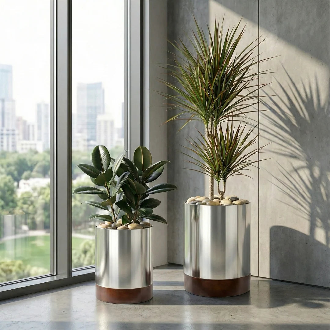 Indoor Planter Stainless Steel Hardwood Base