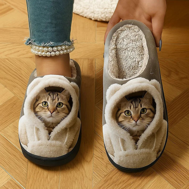 Indoor Slippers Faux Fur Lining Non-Slip Sole 3D Cat Face