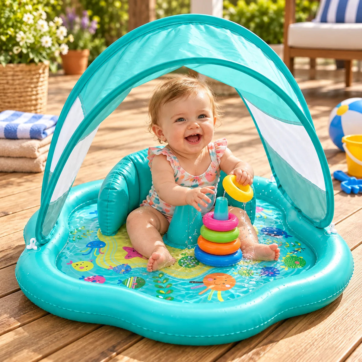 Inflatable Water Mat Built-In UPF 50 Sunshade for Babies