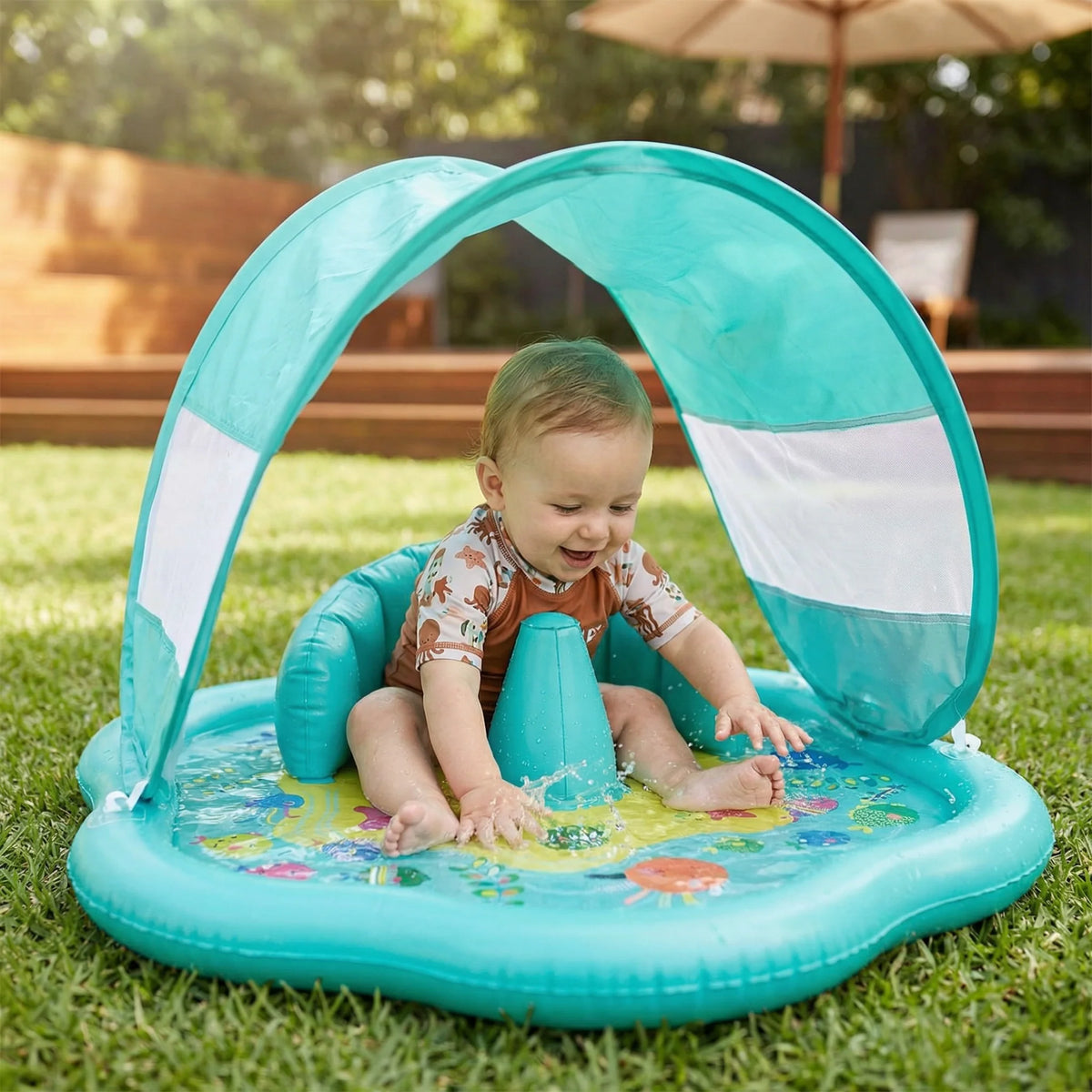 Inflatable Water Play Mat Integrated Sun Canopy