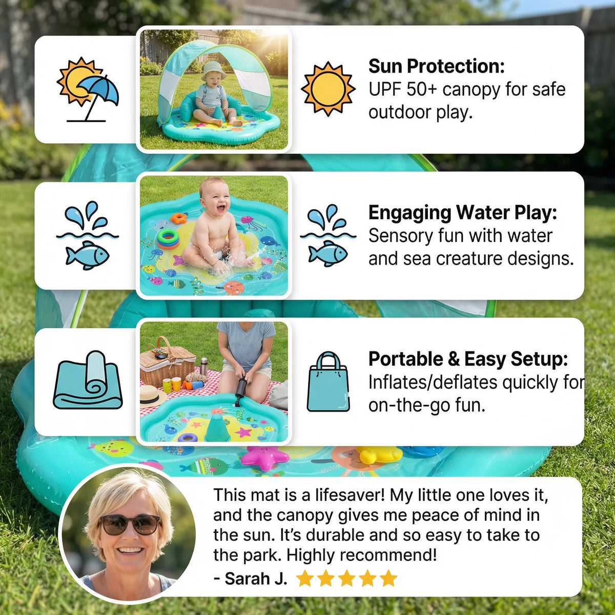 Inflatable Water Play Mat Integrated Sun Canopy