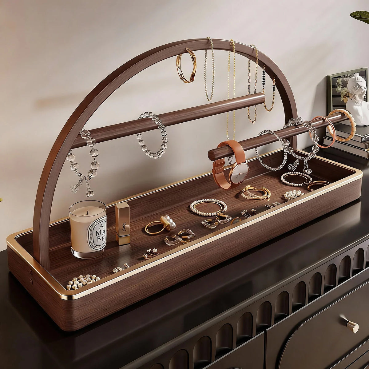 Jewelry Organizer Wooden Two Hanging Rods Storage Tray